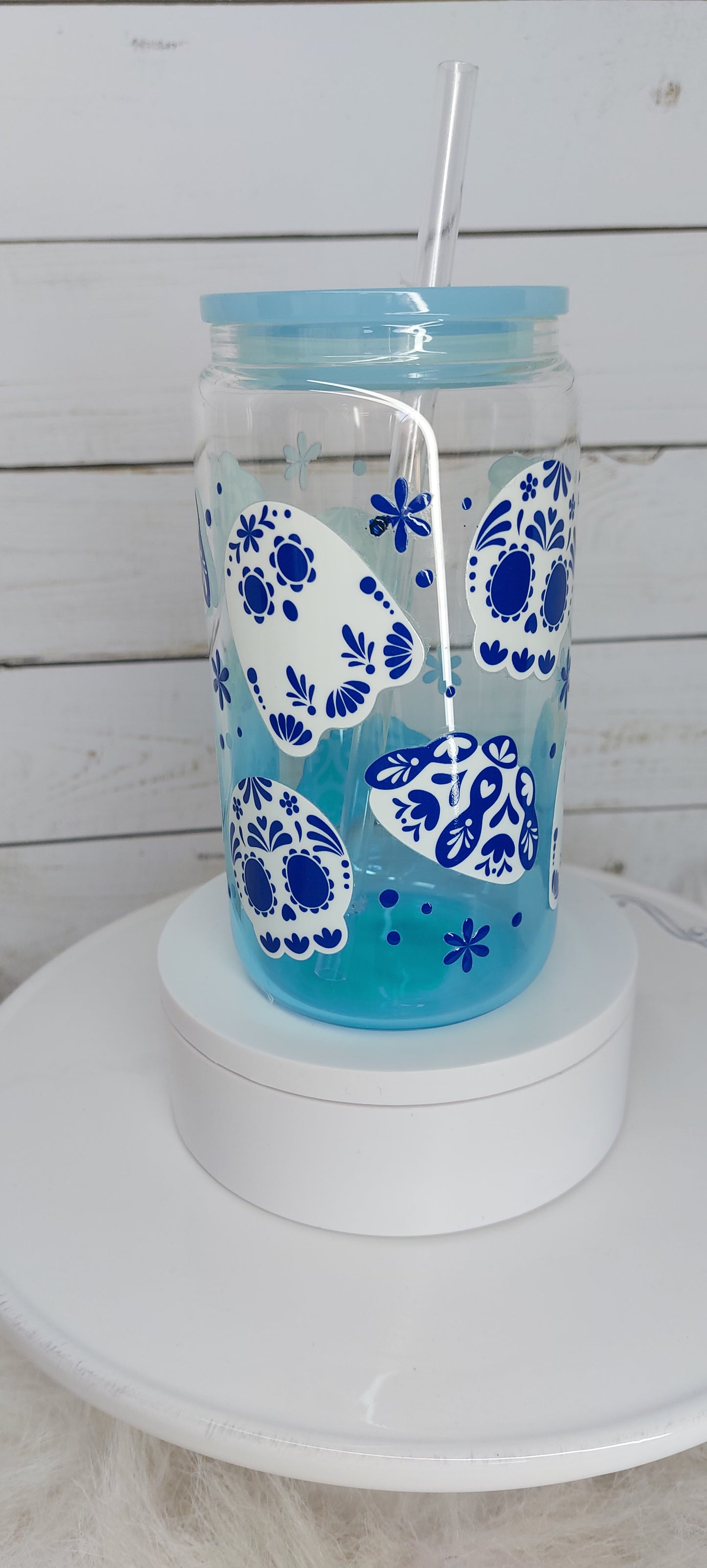 16oz Clear Glass & Blue Designed Cup