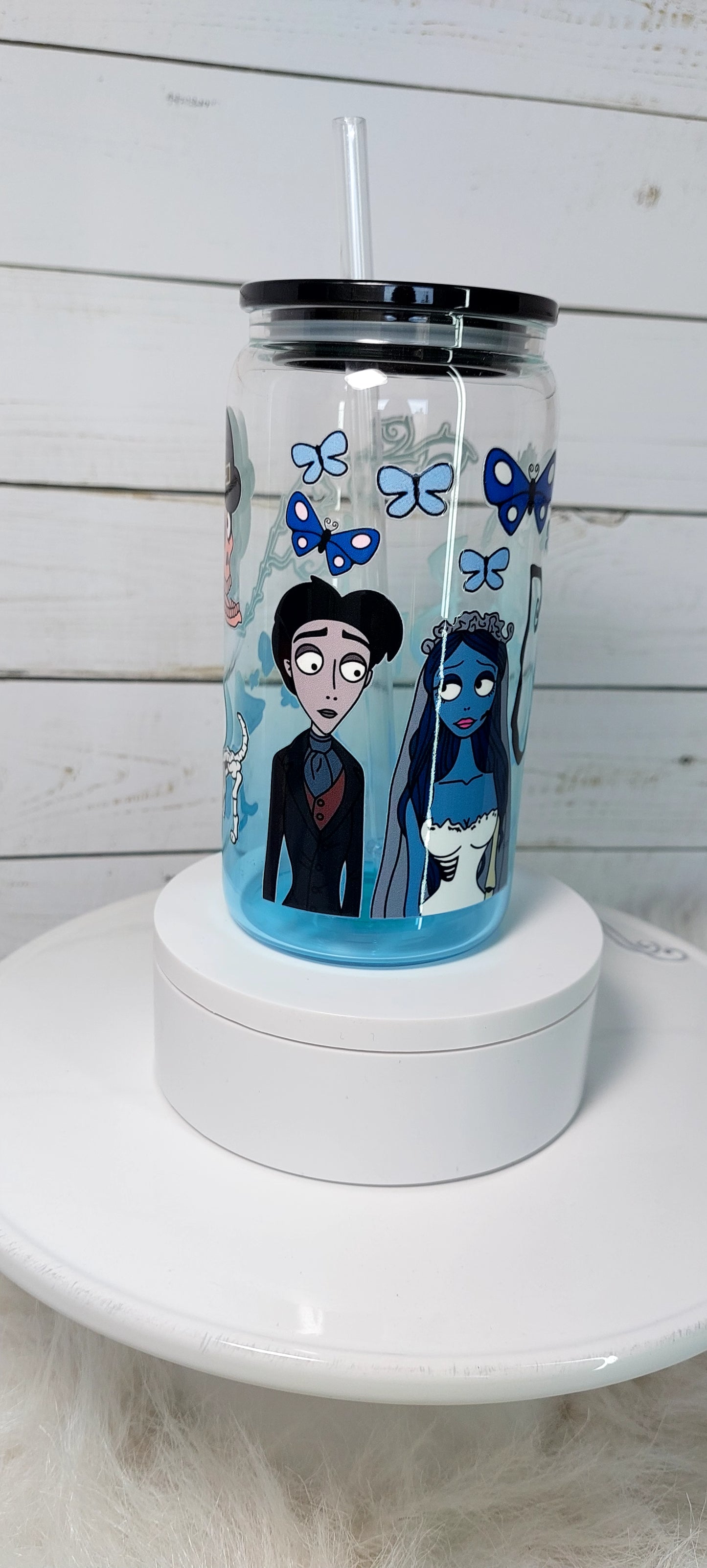 16oz Corpse Bride Blue & Clear Glass Cup