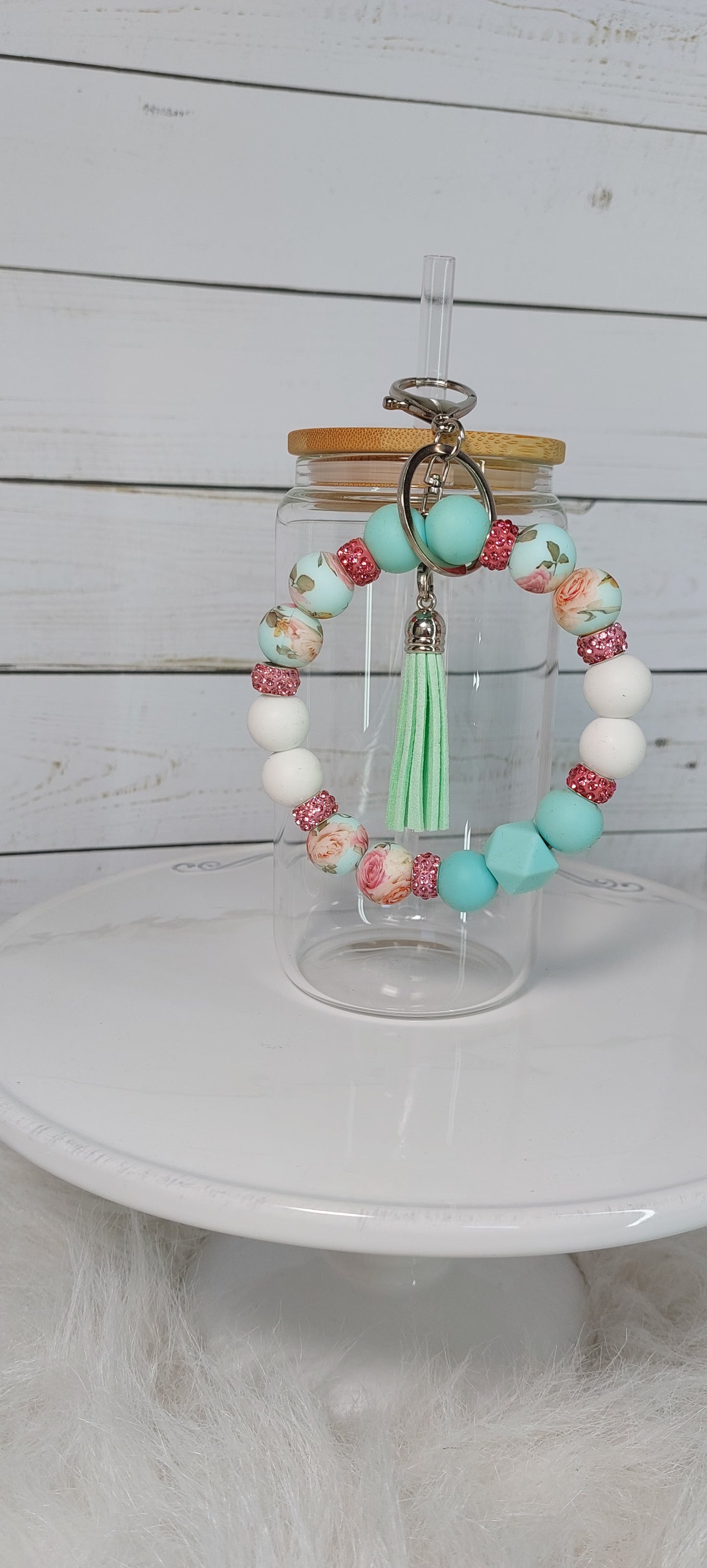 Mint Green & White Wristlet Keychain