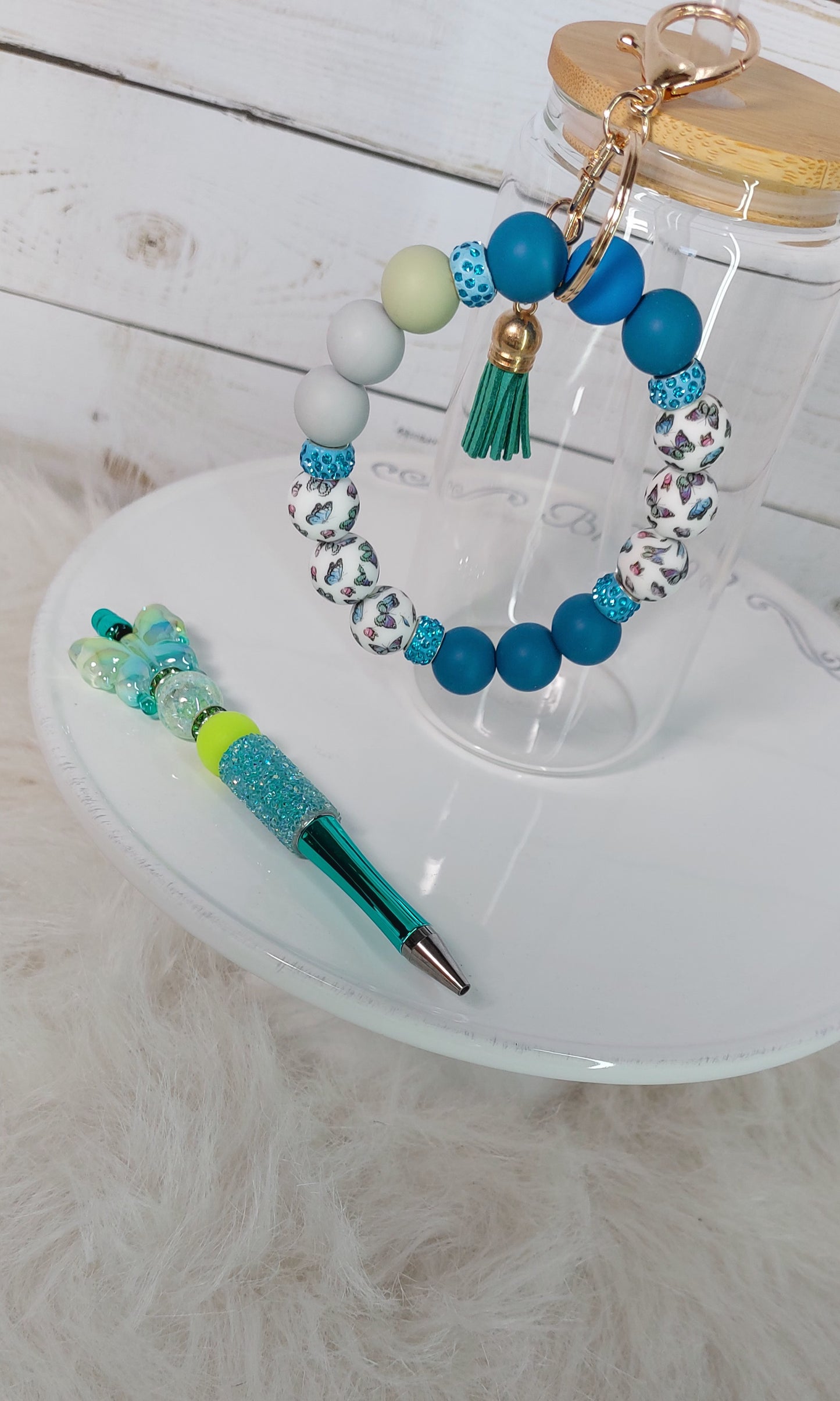 Teal Blue Butterfly Wristlets & Pens
