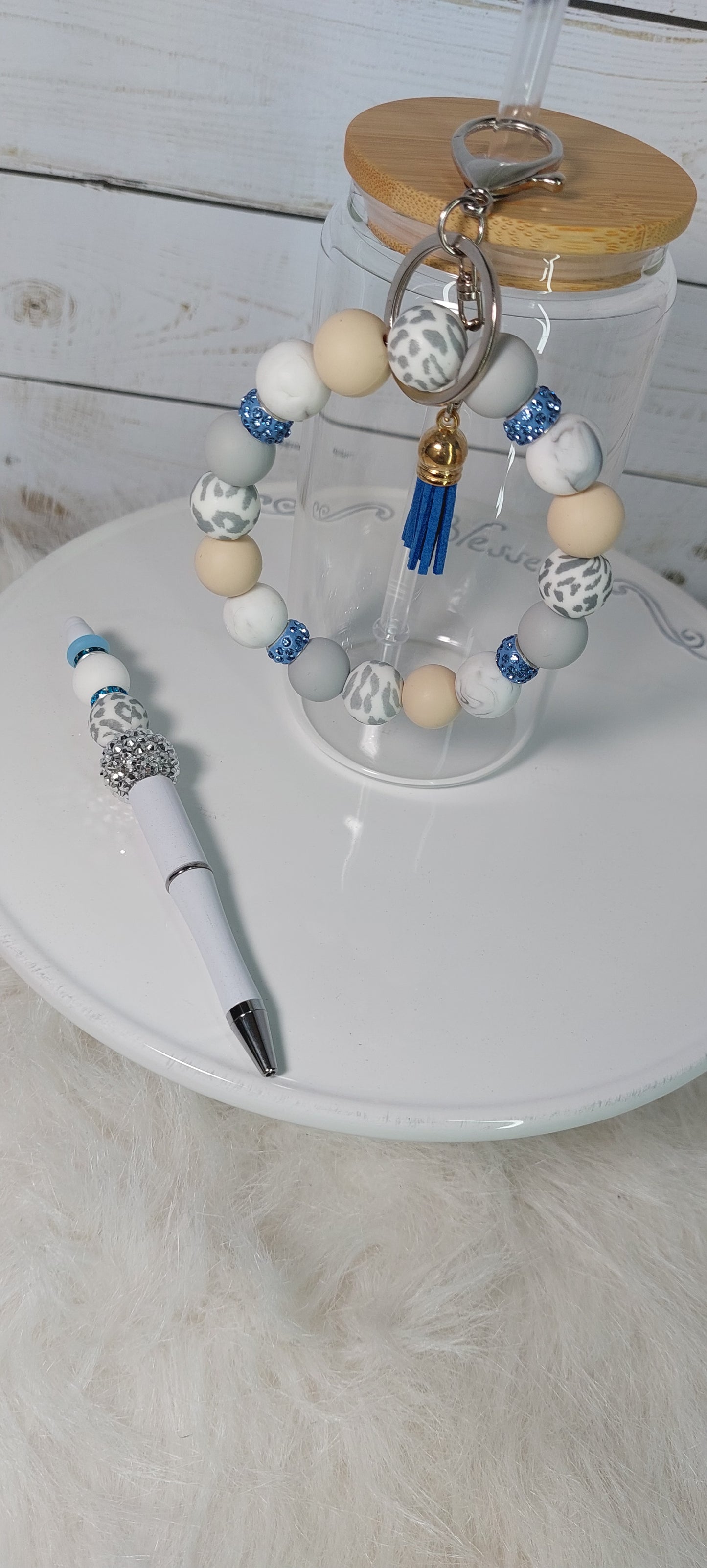 White, Silver & Blue Wristlet Pen Set