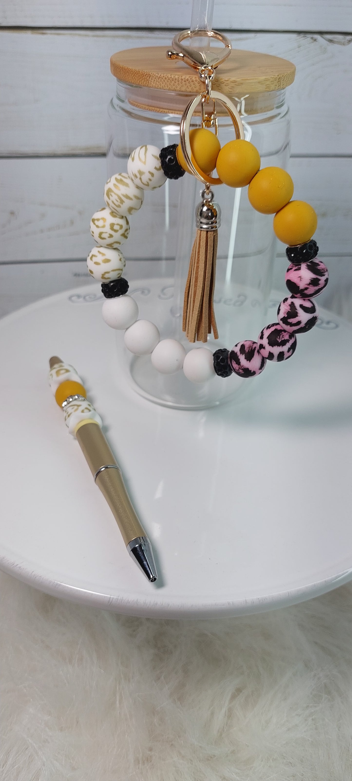 Gold, White & Mustard Wristlet/Pen Set