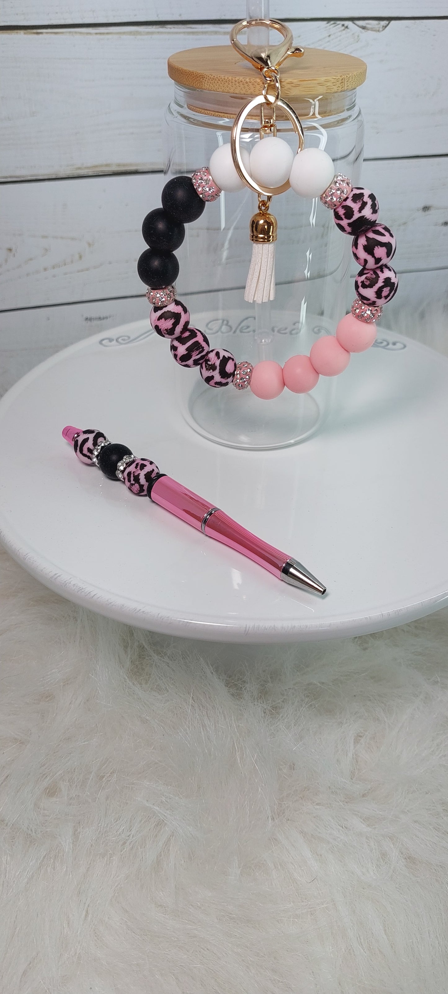 Pink Leopard Wristlet & Beaded Pens Set