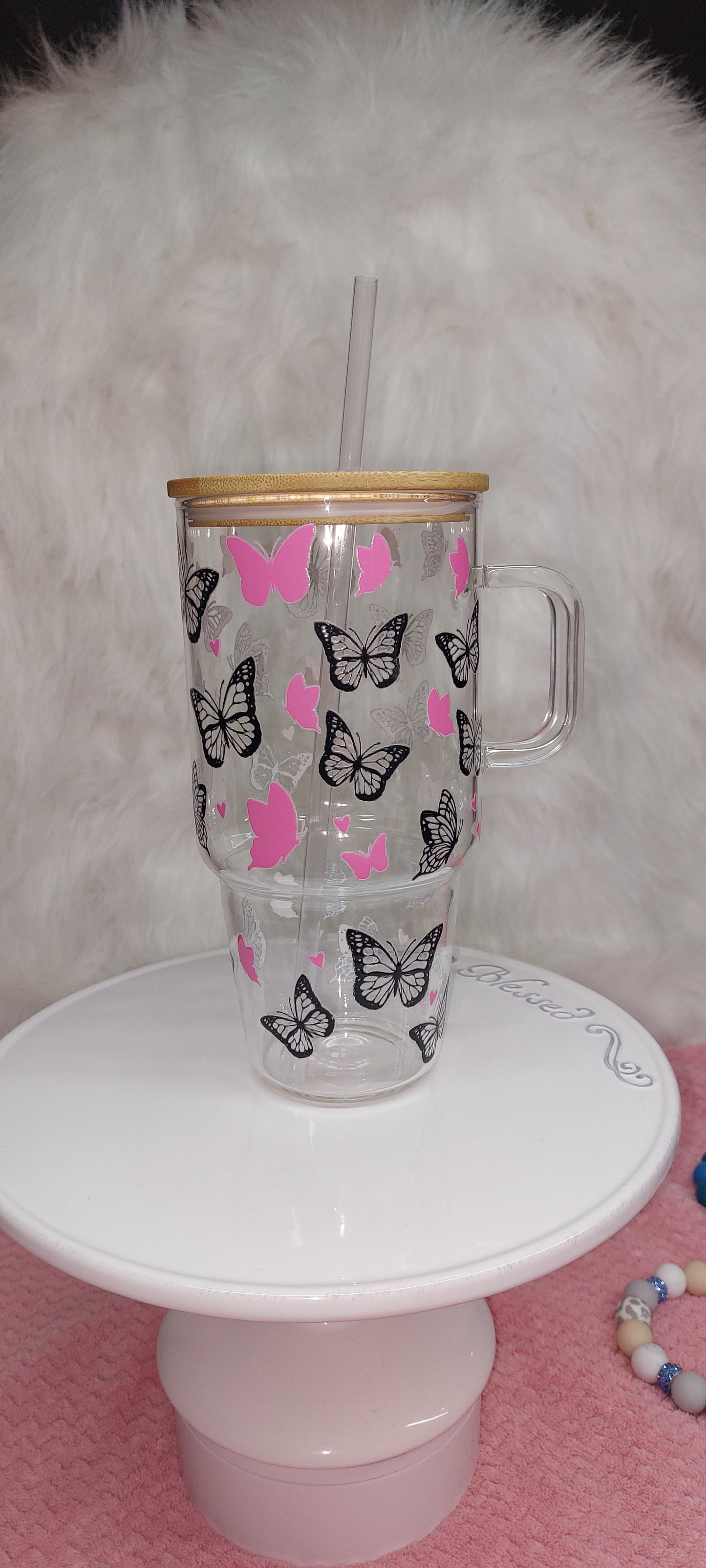 32oz Butterfly Glass Tumbler with Bamboo Lid & Straw