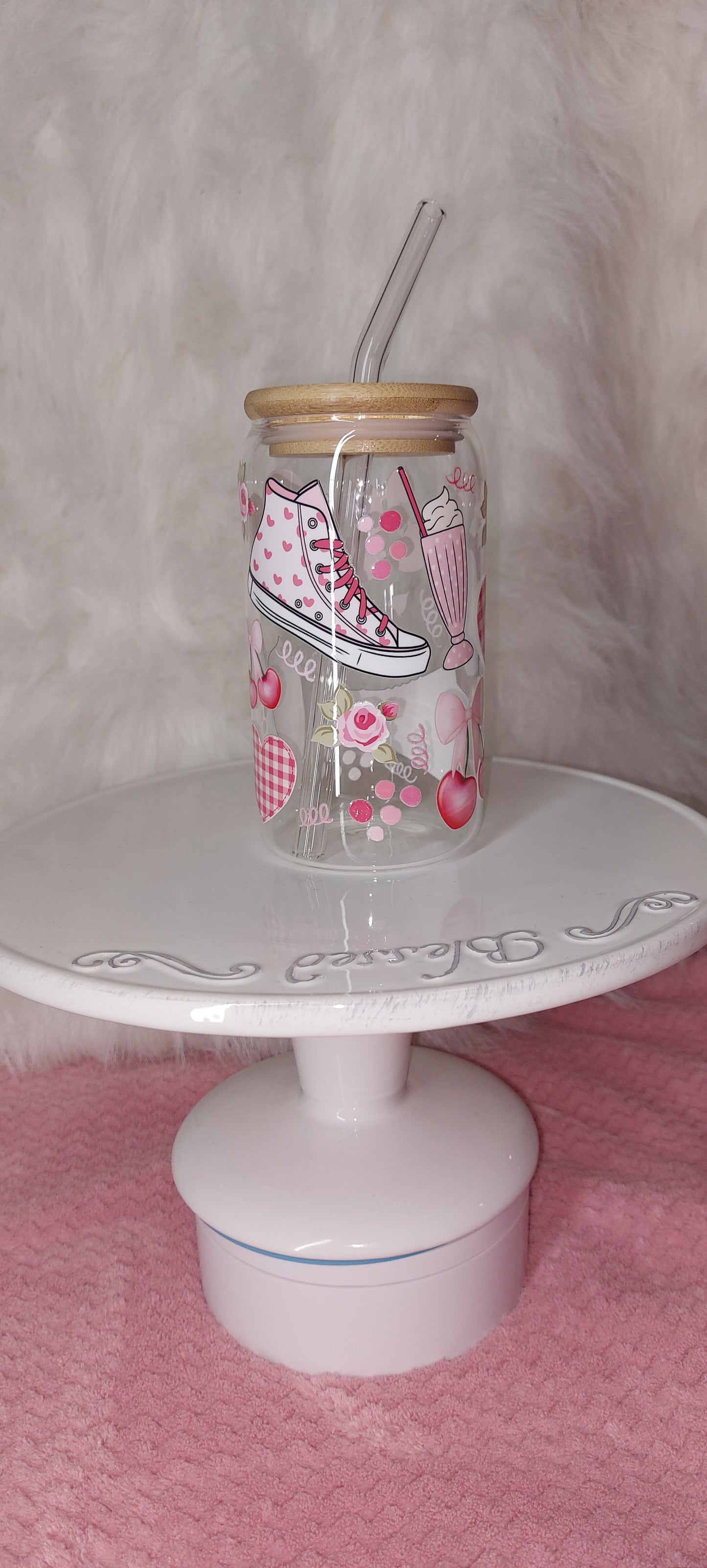 16oz Pink Converse Glass Can Cup with Lid